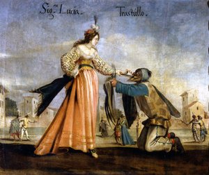 Italienische Masken. Gemälde der Bologneser Schule des 17. Jahrhunderts: Madame Lucia und Trastullo. Museo Scala Mailand