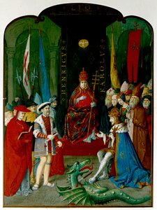 König Heinrich VIII. im Streit mit Kaiser Karl V. vor Papst Leo X. Heinrich hält eine Rolle, die die Bulle von 1521 sein könnte, die ihm den Titel 