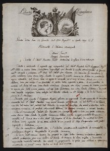 Brief auf Italienisch, mit einer Darstellung des Kopfes von Brutus dem Jüngeren, einer brennenden Hand, die Gaius Mucius Scaevola darstellt, und dem Motto der Französischen Revolution