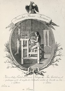 Webstuhl zur Herstellung von Socken, Hosen und Handschuhen, Kupferstich für ein Werbeplakat der Firma Stanislaus Bosiso, Italien