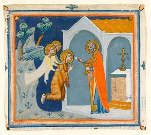 St. Maria Magdalena in der Wildnis um Aix, von Engeln zu St. Maximin getragen, der ihr die letzte Kommunion verabreicht, um 1330