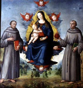 Madonna mit Kind, flankiert von den Heiligen Franz von Assisi und Antonius von Padua von Italian School