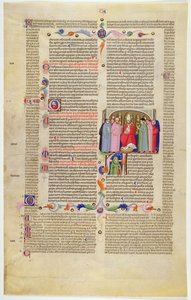 Marlay Cutting IT.10: Blatt mit Miniatur aus Gratians Decretum, das den Erzbischof zwischen Klerikern und Laien thronend zeigt