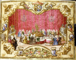 Mahlzeit zu Ehren des Gonfaloniers Zambeccari für das Engagement der Justiz. 1720. Bologna, Staatsarchiv.