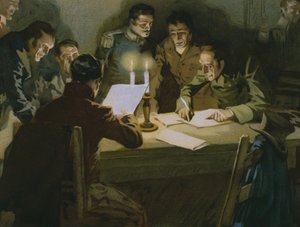 Treffen der ersten Partisanen, die sich den Besatzern widersetzen, Geburt der Carbonari, Illustration aus einem Album zur Geschichte des Risorgimento für die Schokolade Talmone, späte 19. Jahrhundert von Italian School