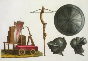 Mailändischer Streitwagen, Armbrust und Rüstung, Tafel 17 aus Le Costume Ancien et Moderne, von Jules Ferrario, veröffentlicht ca. 1820er-30er Jahre