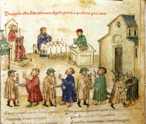 Verhaltensmodell der Pilger - in „Croniche del Sercambi“, ca. 1400. Nationalarchiv, Lucca von Italian School