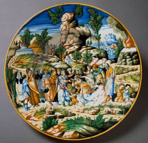 Moses schlägt Wasser aus dem Felsen und gibt dem Volk Israel zu trinken. Keramikplatte, hergestellt in Urbino in der Werkstatt Fontana, Italien. Um 1560. Florenz, Museo Nazionale del Bargello von Italian School