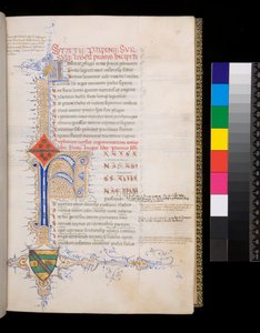 Ms 329. Statius, Thebais, f.19r. Illuminierte Initiale [F] in Blau mit reservierter Dekoration für den Incipit und kleinere Initiale [A] in Gold für das Argumentum, und komplizierte kontrastierende Federverzierungen in Gold und Blau, die sich zu einer L-fö von Italian School