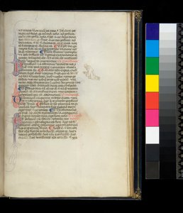 Ms 373. Pseudo-Cicero, Rhetorica ad Herennium und andere Werke, f.50r. Initialen mit Federverzierung und eine Federarbeit-Dekoration im Rand, die einen knienden barfüßigen Mönch darstellt, ca. 1337 von Italian School