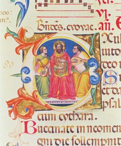 Historiierte Initiale O darstellend König David und zwei Engel, aus dem Psalter von Santa Maria Novella, illuminiert von Paolo Soldini (fl.1342-86) 1379 von Italian School
