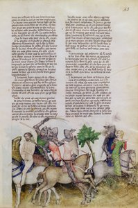 Ein Ritter der Tafelrunde, Sir Bors, muss sich zwischen der Rettung seines Bruders Lionel oder der Rettung einer Jungfrau entscheiden, aus der Queste del Saint Graal, ca. 1380-85