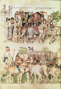 Arthur und seine Ritter brechen zur Suche nach dem Heiligen Gral auf, aus der Queste del Saint Graal, ca. 1380-85 von Italian School