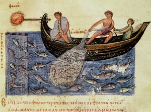 Ms Grec 479 Fischen mit einem Netz, Illustration aus der Halieutica von Oppian von Italian School