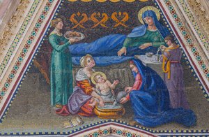 Geburt Mariens, Mosaik, Giebel des Seiteneingangs, Fassade des Doms von Orvieto, Umbrien