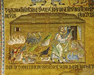 Noah hilft Paaren von Tieren, die Arche zu betreten