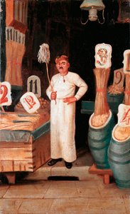Altes Handwerk: der Laden des Pastaverkäufers. Anonyme Temperamalerei. 19. Jahrhundert. Museo Nazionale delle Paste Alimentari, Fondazione Agnesi, Rom von Italian School