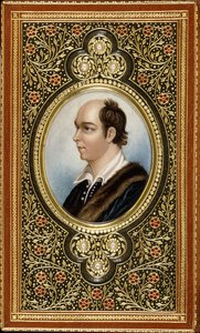 Ovales Miniaturporträt von Oliver Goldsmith, gerahmt mit vergoldeten Kleeblättern und drei Perlen, 1831 von Italian School