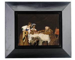 Tafel, die einen Kavalier und einen Mönch an einem Esstisch mit einer Dame zeigt, Menegatti, Florenz, späte 19. Jahrhundert