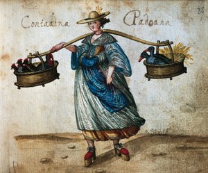 Bauer mit Hoftieren in Körben, Bäuerin aus Padua, Farbige Illustration aus dem 16. Jahrhundert
