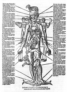 Tafel, die einen menschlichen Körper mit der Position aller Organe und den entsprechenden Tierkreiszeichen zeigt, die durch ihre astrologischen Einflüsse beeinflusst werden. Tafel aus „Recetoro di Galeno optio e probato a tutte le infirmita che accadeno a  von Italian School