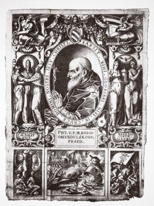 Papst Pius V., mit Vignetten der Schlacht von Lepanto, aus Vita del Gloriosissimo Papa Pio Quinto, veröffentlicht 1586 von Italian School