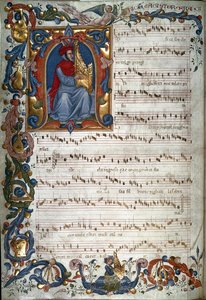 Porträt von Francesco Landino und eine musikalische Partitur, Illustration aus dem "Squarcialupi-Codex", um 1325-35 von Italian School