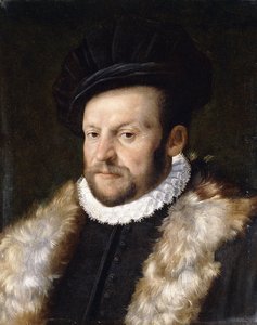 Porträt eines bärtigen Gentlemans, Brustbild, in schwarzer Jacke mit weißem Rüschkragen von Italian School