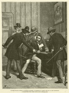 Vier Italiener hinter dem Rat von Mazzini warnten Corelli, dass er von ihnen bekannt war und bestanden darauf, alle seine Papiere zu haben (Stich) von Italian School