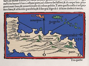 Darstellung der Karibischen Inseln und der Küsten Venezuelas. Isolario (Inselkarte) von Benedetto Bordone. Venedig 1547 von Italian School
