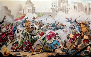 Risorgimento: Die Kämpfe von Palermo am 26. Mai 1860. Expedition der Tausend (rote Hemden). Giuseppe Garibaldi zwischen Palermo und dem aufständischen Volk. Gravur des 19. Jahrhunderts von Italian School