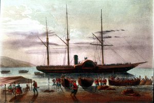 Risorgimento: die Abreise am 8.08.1860 von Giuseppe Missori, Offizier der Armee von Giuseppe Garibaldi (1807-1882), in der Meerenge von Messina in Richtung Fort von Villa San Giovanni. Illustration des 19. Jahrhunderts von Italian School