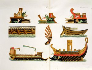 Römische Schiffe mit Details der Galionsfiguren, Tafel 23, Klasse 5 aus Teil I der Geschichte der Nationen, graviert von Simonetti von Italian School