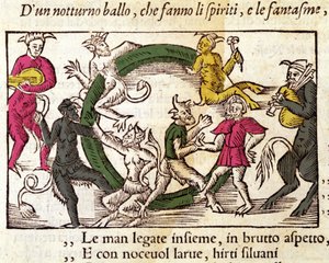 Sabbatzeremonie mit Hexen. Gravur von Olaus Magnus, schwedischer Geistlicher und Geograph, „Historia de Gentis Septentrionalibus“, Venedig von Italian School