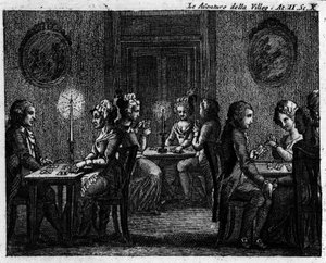 Szene 10 des zweiten Akts des Lustspiels „Die Abenteuer der Stadt“ (1756) von Carlo Goldoni (1707-1793): Spieltische