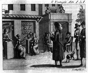 Szene 1 des ersten Aktes des Lustspiels „Der Fächer“ von Italian School