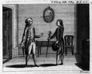 Szene 1 des 1. Akts des Lustspiels "Ritorno della villeggiatura" (Rückkehr der Stadt) (1761) von Carlo Goldoni (1707-1793). Gravur aus dem 18. Jahrhundert