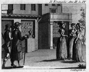 Szene 4 des 2. Akts des Lustspiels „Il ventaglio“ (Der Fächer) (1764) von Carlo Goldoni (1707-1793). Gravur aus dem 18. Jahrhundert von Italian School
