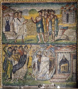 Szenen aus dem Leben des Moses: die Rückkehr der zwölf Spione, die Moses ins gelobte Land gesandt hatte, versuchter Steinigung von Moses (Mosaik) von Italian School