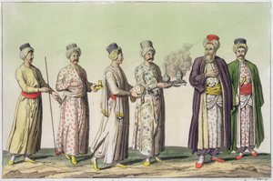 Diener, die eine Pfeife, eine Vase mit Süßigkeiten, Kaffee, ein Kohlenbecken und einen Krug Rosenwasser tragen, Tafel 57 aus Teil III, Band I von 