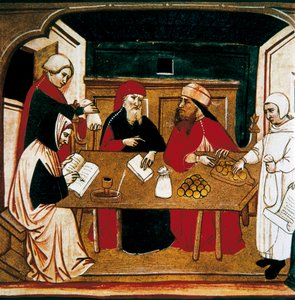 Unterschrift für eine Transaktion, ein Notar registriert die Handlung und ein Banker zählt die Münzen. von Italian School