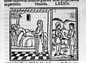Simone lässt Calandrino glauben, er trage ein Kind im Bauch. Illustration zur Novelle 83 (Neue 3 des neunten Tages) des „Decameron“ von Giovanni Boccaccio (1313-1375), italienischer Schriftsteller. Gravur in „Decamerone ouer Cento nouell von Italian School