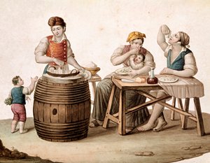 Neapolitanischer Maccheroni-Verkäufer, neben ihm eine Familie am Tisch, die mit den Händen isst