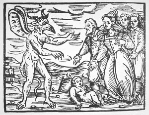Zauberer präsentieren ein Kind dem Teufel, aus Compendium Maleticarum von Fr M Guaccius (1608) illustriert in einer Geschichte der Magie, veröffentlicht Ende des 19. Jahrhunderts