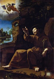 Der heilige Franziskus von Assisi wird von einem Engel-Musiker getröstet