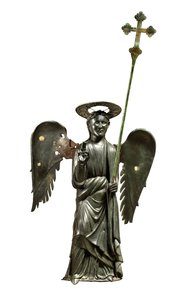 Erzengel Gabriel hält ein Prozessionskreuz, Bronzestatue aus dem 12. Jahrhundert, Kreuz von 1369