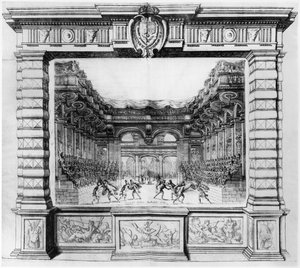 Bühnenbild von Giacomo Torelli (1608-78) für la Finta Pazza, aufgeführt 1645 im Theatre Petit Bourbon in Paris, 1654 von Italian School