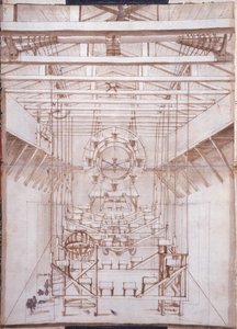 Bühnenmaschinerie für die Opern im San Salvatore Theater in Venedig, 1675 (Feder und Tuschlavierung auf Papier)