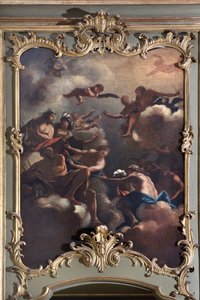 Der Rat der Götter: Zeus auf dem Olymp umgeben von Gottheiten. Malerei der italienischen Schule (18. Jahrhundert)