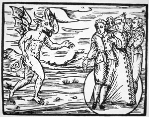 Die Beschwörung des Teufels, Kopie einer Illustration aus Compendium Maleticarum von Fr M Guaccius, Mailand 1608, verwendet in einer Geschichte der Magie, veröffentlicht Ende des 19. Jahrhunderts